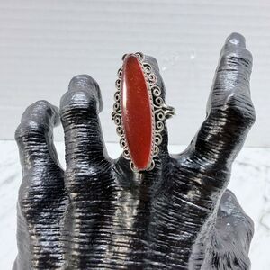 Vintage Beau Sterling Filigree Ring, Red Stone, Marquise Cabochon, Size ~7